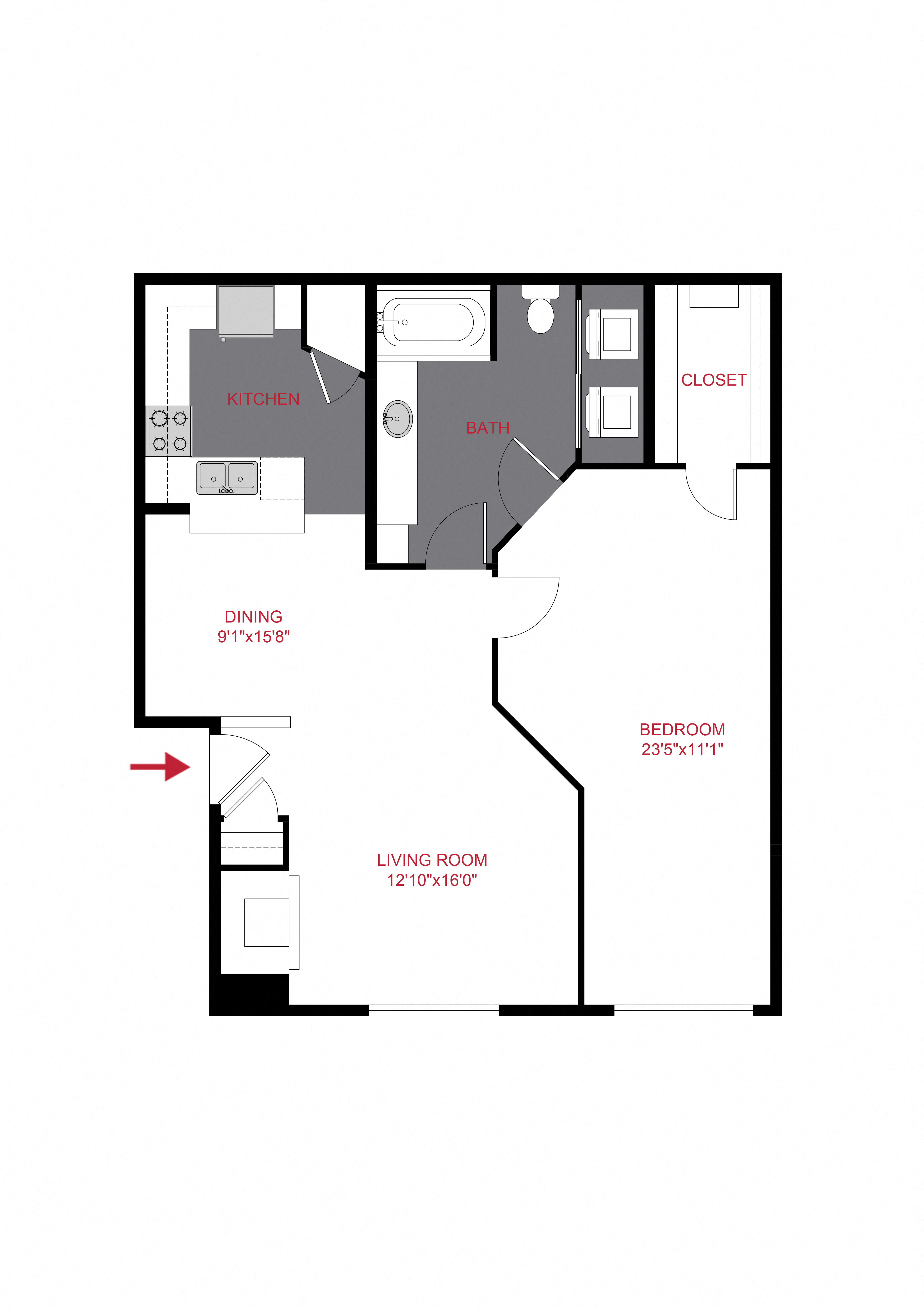 Floor plan for 1 bed, 1 bath, 884 sqft
